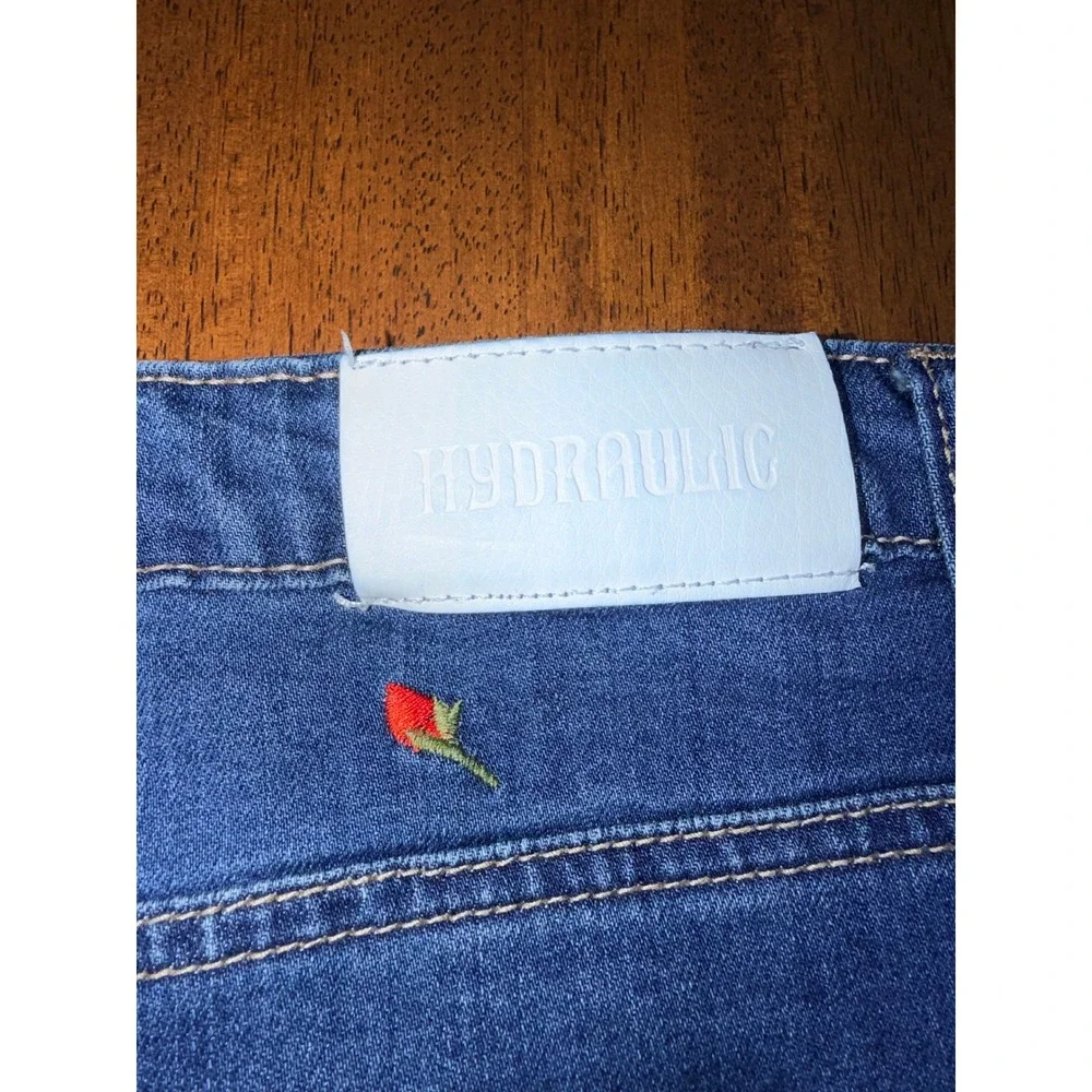 Hydraulic Denim Skirt Women 12 Blue Excellent Rose Embroidered Raw Hem Mini